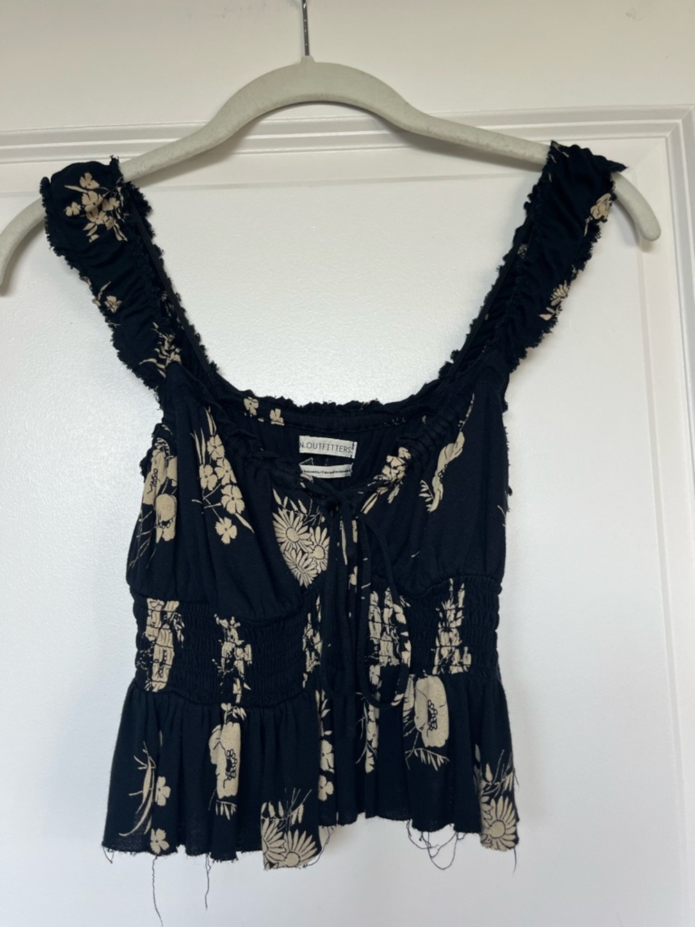 Urban Outfitters Black Floral Cropped Smocked Tank Top